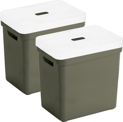 Sunware opbergboxen met deksel - 2x - Sigma Home - kunststof - 25 liter - donkergroen - opberg bakken / manden - 35 x 25 x 36 cm