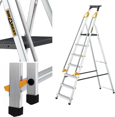 Aluminium Opstapladder 7 Trappen - Vouwladder met Veiligheidsreling en Tot 150kg Belastbaarheid