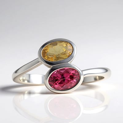 Cavill - Zilveren ring 925 Sterling Zilver - Braziliaanse gele & roze toermalijn 0,77 ct - Moderne asymmetrische bezel ring