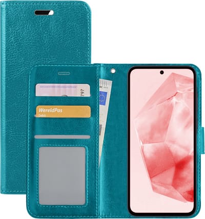 Hoesje - Met Pasjeshouder - Geschikt voor Samsung Galaxy A35 - Luxe Bookcase Portemonee - Flip Case - Kunstleer Book Case - Flipcase - Book Cover - Walletcase - Portemonneehoes - Turquoise