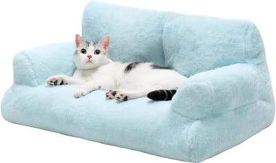 Kattenbed met zacht blauw pluche - Bankje voor hondje of kat - Hondenmand/Kattenmand/Dierenmand met wasbare hoes