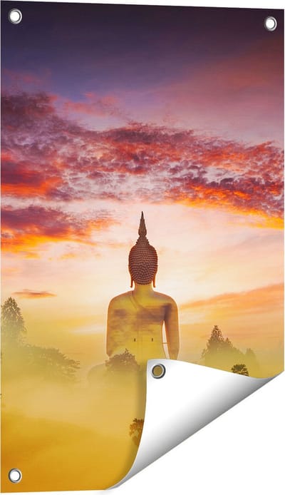 Gards Tuinposter Boeddha Beeld in de Mist - 40x60 cm - Tuindoek - Tuindecoratie - Wanddecoratie buiten - Tuinschilderij