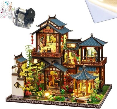 Houten Poppenhuis Set - Miniatuur Bouwpakket - Creatief Hobby - Met Led Verlichting - 27x30x27 Cm - Met Beschermhoes