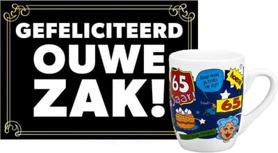 Grappige verjaardagsmok/beker 65 jaar man met grappige tekst 300 ml + wenskaart Gefeliciteerd ouwe zak