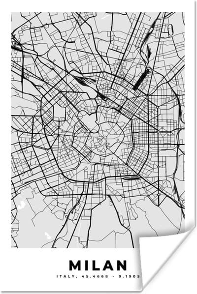Poster Milaan - Stadskaart - Zwart Wit - Plattegrond - Kaart - 120x180 cm XXL