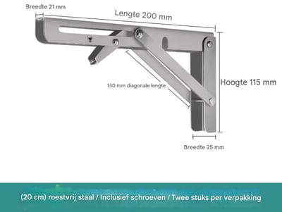 GELLDG Klappscharnier - Klappkonsole - Robuuste Ijzeren Steunbeugel Met Vergrendeling - Gepolijst En Geborsteld Oppervlak - Set Van 2 Stuks Inclusief Schroeven - Geschikt voor Tafels, Planken En Werkbanken In Garage Of Keuken - Zilverkleur