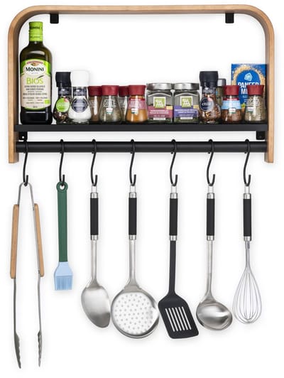 Kos Design - Wandplank - Kruidenrek - Kapstok - Keuken - Keukenplank voor aan de meur - Rails met 7 haakjes - 60x35x11 cm - Donker/Zwart