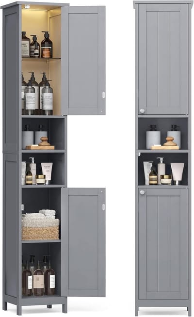 Famanu – Hoge badkamerkast smal met verlichting verstelbare planken en open vakken modern design