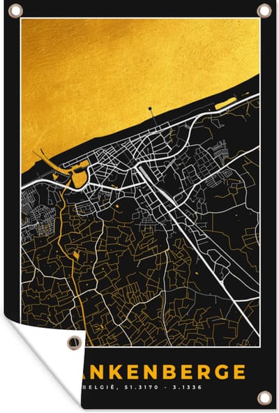 Muurdecoratie Plattegrond - Stadskaart - Blankenberge - Goud - Kaart - 120x180 cm - Tuinposter - Tuindoek