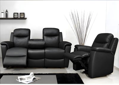 Vente-unique Driezits relaxbank en relaxfauteuil EVASION van leer - zwart
