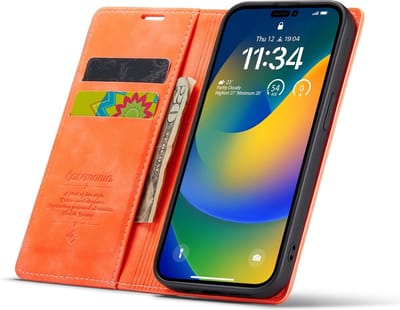CaseMania Bookcase hoesje geschikt voor Apple iPhone 14 Pro - Effen Oranje - Kunstleer