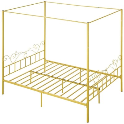Queen Size Hemelbed Frame, Metalen Hemelbed met Minimalistisch Hoofdbord & Vierpilaren Ontwerp, Robuuste Stalen Lattenbodem Ondersteuning, Opbergruimte onder het Bed,