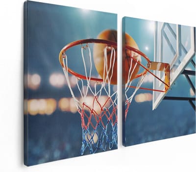 Artaza Canvas Schilderij Tweeluik Basketbal in Ring - Hoepel - Bord - 120x80 - Foto Op Canvas - Canvas Print