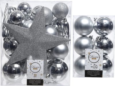 Kerstversiering kunststof kerstballen zilver 5-6-8 cm pakket van 45x stuks - Met kunststof ster piek van 19 cm