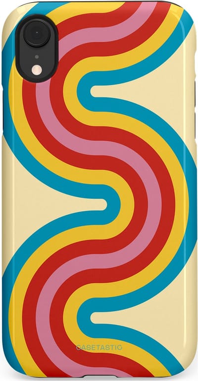 Casetastic hoesje geschikt voor Apple iPhone XR - Dubbellaagse bescherming - Retro kronkels - Fashion Case - Crème Lichtblauw Goud Rood