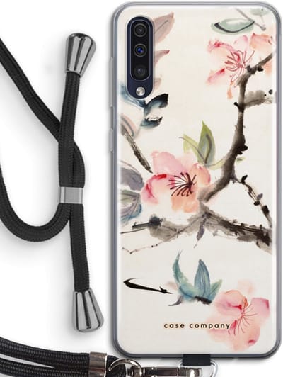 Case Company® - Hoesje met koord geschikt voor Samsung Galaxy A50 hoesje met Koord - Japanse bloemen - Telefoonhoesje met Zwart Koord - Bescherming aan alle Kanten en Over de Schermrand