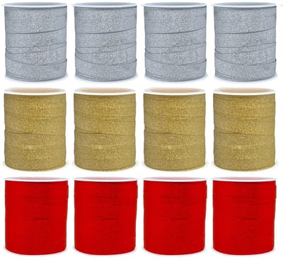 Allecto - Set ringband cadeaulint - Cadeaulint voor knutselen - 12 rollen van 10 meter - Glanzend en mat - Zilver goud rood glitter - Versieringen ...