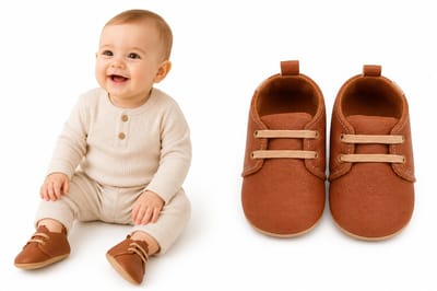 Babyschoentjes 4-9 Maanden – Maat 16-18 (12 cm) – Antislip Rubber Zool – Zachte Baby Veterschoenen – Jongens & Meisjes – Bruin