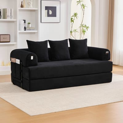 Opvouwbare bank met een stevig metalen frame, zijvakken en drie kussens. Creëer je eigen unieke lounge-opstelling. Moderne combinatie van metaal en stof – ideaal voor de woonkamer. Zwart.