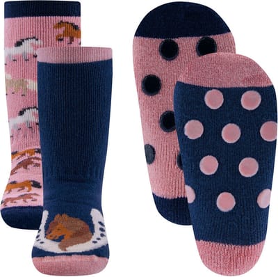 Ewers Antislipsok - 2-Pack - Paarden Diverse Kleuren & Hoefijzer/Paard - Roze & Donkerblauw - Antislipnopjes - maat 19/22