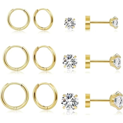 12 STUKS 20G Hypoallergeen Roestvrij Staal Platte Back Stud Oorbellen Set voor Vrouwen Mannen Sprankelende Cubic Zirconia Schroefsluiting beige