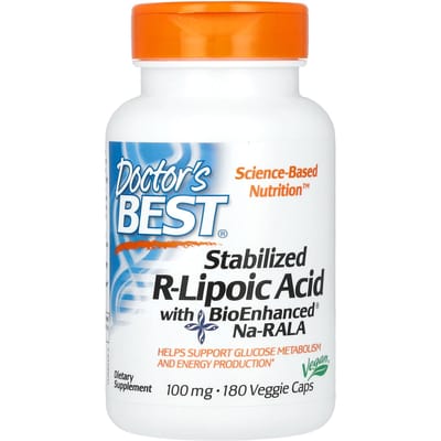 Doctor's Best, Stabilized R-Lipoic Acid with BioEnhanced Na-RALA, 100 mg, 180 Veggie Capsules white