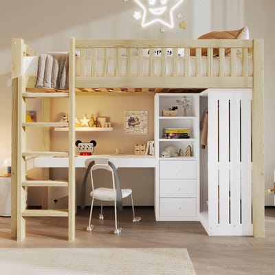 Hoogslaper 90x200 - Met Bureau, Kledingkast, 3 Laden, Open Planken, Reling En Ladder - Natuur - Zonder Matras