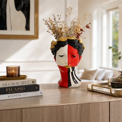 Buste Vaas Beeld – Handgeschilderd Abstract Design – Rood, Zwart, Wit & Goud – 15x24x16 cm – Decoratieve Bloempot, Bloemenvaas & Sierobject voor Woonkamer, Hal, Slaapkamer of Kantoor