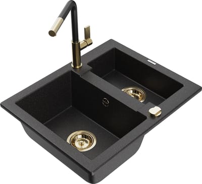 Mexen Carlos granieten gootsteen 1,5-kamer met keukenkraan Flora, zwart/zilver metallic - 6518-73-670401-57-G