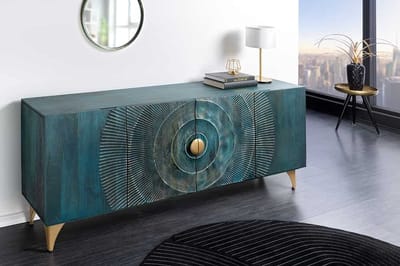 Handgemaakt dressoir GOLDEN SUNSET 180cm turquoise goud mangohout metalen poten - 45643