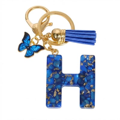 Blauwe letter H sleutelhanger met kwastje en vlinder – sleutelhanger voor dames – goudkleurige metalen keychain met acryl initiaal H hanger, decoratieve bedel en tassel