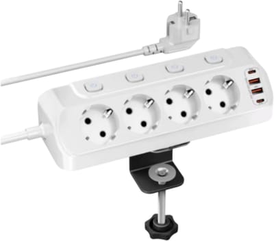 Desktop Stekkerdoos EU Plug Met Individuele Schakelaars 4 AC Stopcontacten + USB Poort, Veiligheid Multiprise Met 2m Snoer Voor Thuis en Kantoor - Wit