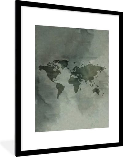 Poster in lijst - Fotolijst 60x80 cm - Posters - Wereldkaart - Aquarelverf - Grijs - Posterlijst zwart - Decoratie - Wanddecoratie woonkamer - Muurdecoratie slaapkamer