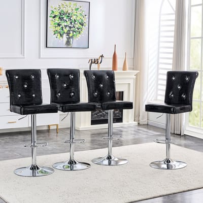 Wishdor Vintage Barkrukken - Kristalknoopdetails - Verstelbare Zithoogte - Voor Eethoek En Bar - PVC - Zwart - Set Van 4