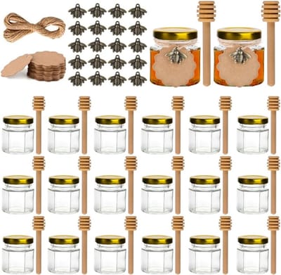 Mini Glazen voor Honing met Lepel, 20 Stuks van 45ml, Ideaal voor Bruiloften, Communie en Verjaardagen, Inclusief Bedankkaartjes en Jute Touw