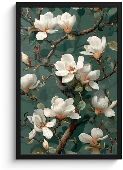 Poster in lijst - Fotolijst 40x60 cm - Posters - Bloemen - Takken - Wit - Klassiek - Posterlijst zwart - Decoratie - Wanddecoratie woonkamer - Muurdecoratie slaapkamer