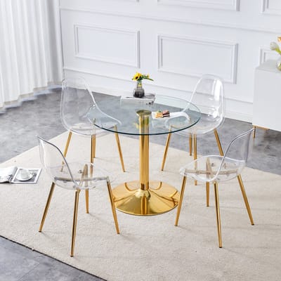 Eettafelset met stoelen. Moderne ronde eettafel met een diameter van 85 cm, gemaakt van gehard glas, gecombineerd met 4 transparante kunststof eetkamerstoelen. Geschikt voor eetkamers, keukens en andere ruimtes.