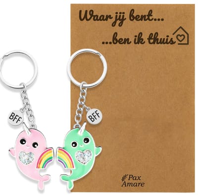 Koppel Sleutelhanger voor 2 'Waar jij bent, ben ik thuis' - Regenboog Narwal Roze & Groen - Sleutelhanger set op Cadeau Kaartje - Zilverkleurig - Persoonlijke Hanger - Pax Amare