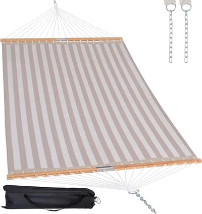 SUNCREAT Hangmatten 35 cm sneldrogende hangmat dubbel formaat met spreidstang, hangmat voor 2 personen voor buiten patio tuin zwembad, 550 lbs capaciteit, lichtgrijze strepen