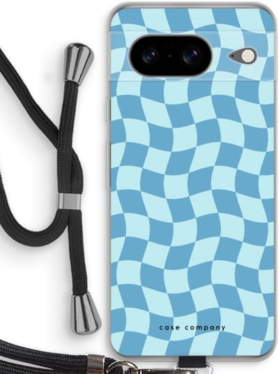 Case Company® - Hoesje met koord geschikt voor Google Pixel 8 hoesje met Koord - Grid Blauw - Telefoonhoesje met Zwart Koord - Bescherming aan alle Kanten en Over de Schermrand
