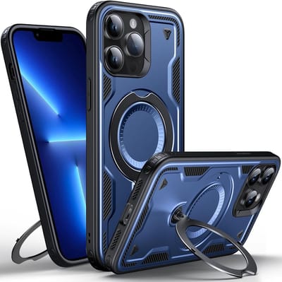 Magsafe Hoesje Geschikt voor iPhone 13 Pro Hoesje Navy - Armor Hoesje met Met Draaibare Ring Houder