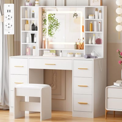 Kaptafel met Verlichting - Make-up tafel - Snel opmaken - Verstelbaar LED licht - 140x100x40cm - Wit