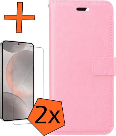 Hoes - Met 2x Screenprotector - Geschikt voor Samsung Galaxy S24 - Luxe Pasjeshouder - Bookcase Portemonee - Flip Case - Kunstleer Book Case - Flipcase Hoes - Book Cover - Walletcase - PortemonneeHoes - Lichtroze