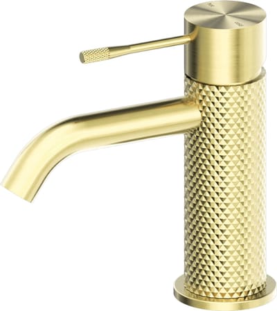 Owen & Finch Messing Wastafelmengkraan Laag Model – Geborsteld Champagne Goud | Brushed Champagne Gold PVD – Diamantkarteling – Luxe Badkamerkraan