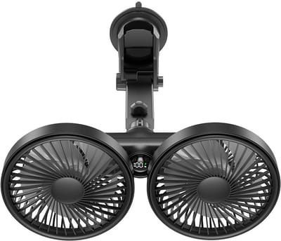 Ulisem - Voorbankventilator - Met zuignap beugel - 3600mAh oplaadbaar - 3 snelheden - Dubbel 5.7 inch kop - 360° roteerbaar - Led display - Stille motor - Voor auto en reizen - Zwart