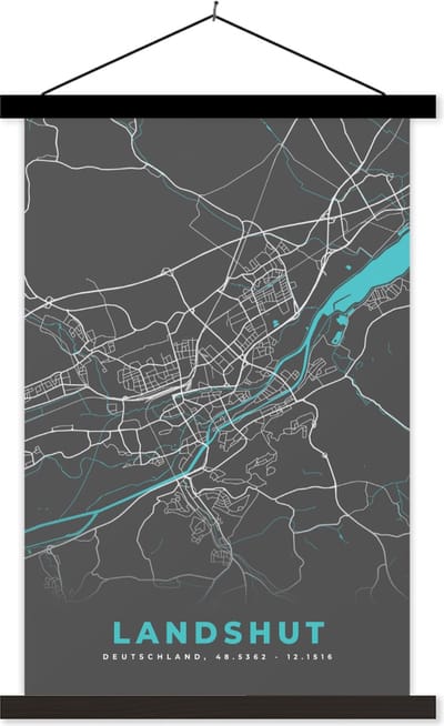 Posterhanger incl. Poster 40x60 cm - Schoolplaat - Duitsland – Blauw – Landshut – Stadskaart – Kaart – Plattegrond - Textielposter - Zwarte latten - Stadskaart