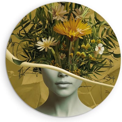 Saammp Muurcirkel Hout - Vrouw met bloemen als hoofd - abstract - Kunst - Ø 90 - Wandcirkel - Wanddecoratie Cirkel - Muurdecoratie Woonkamer - Slaapkamer decoratie - Rond Schilderij
