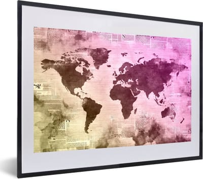 Poster in lijst - Fotolijst 60x40 cm - Posters - Wereldkaart - Geel - Paars - Posterlijst zwart - Decoratie - Wanddecoratie woonkamer - Muurdecoratie slaapkamer