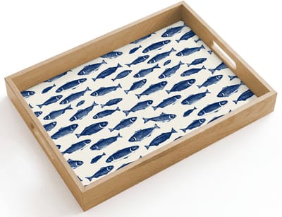Dienblad hout 40x30 cm - Schootdienblad - Vissen - Patroon - Blauw - Wit - Borrelplank rechthoek - Plateau dienbladen