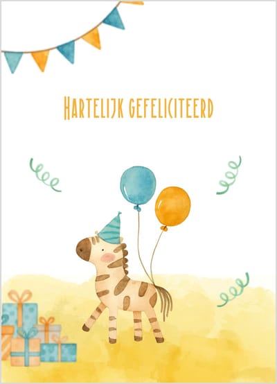 Wenskaart hartelijk gefeliciteerd kinderen zebra ballonnen cadeautjes – 10x15 cm – stevige kaart 400 grams – inclusief kraft envelop – verjaardagskaart kind